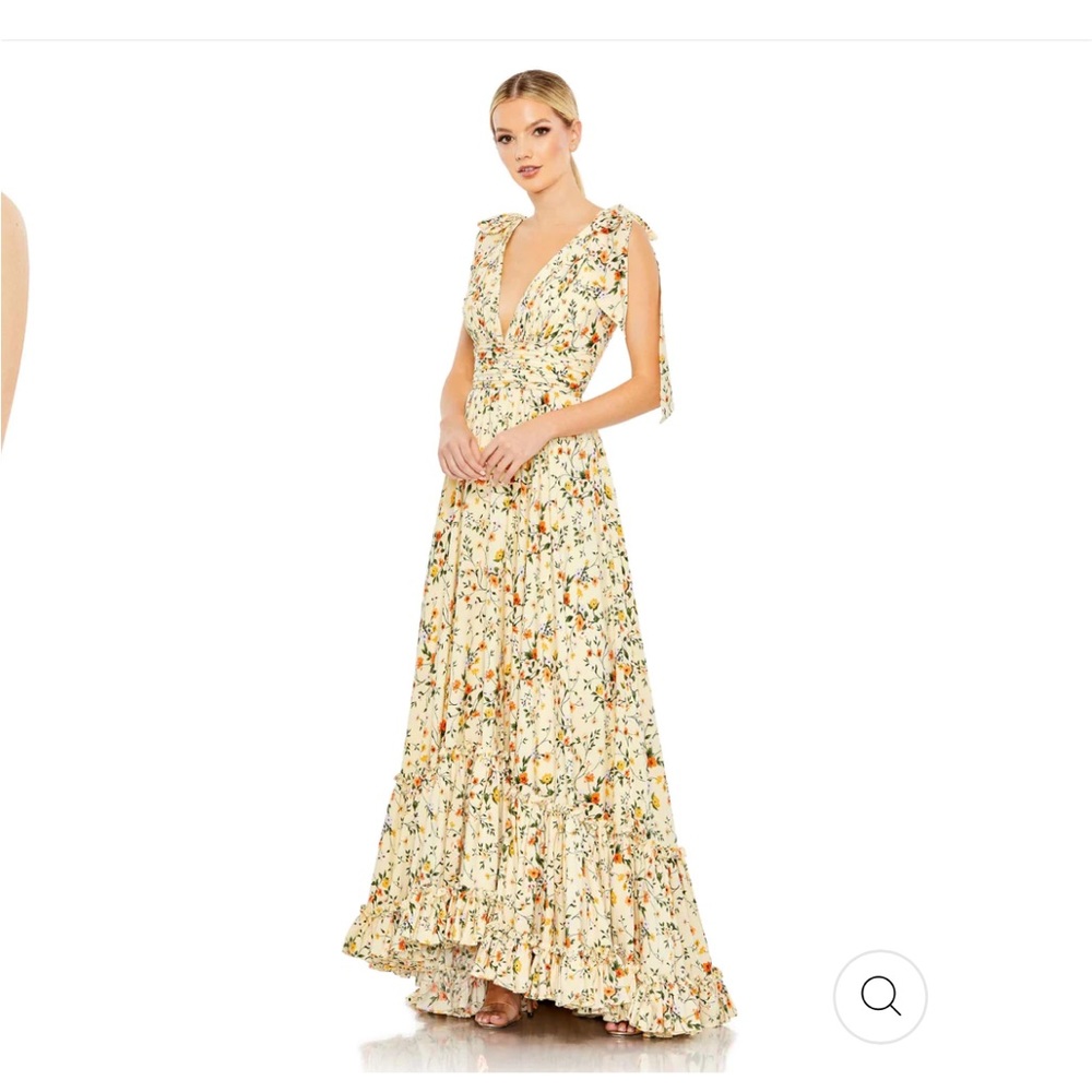 Mac Duggal FLORAL PRINT SOFT TIE SLEEVELESS TIERED GOWN Worn Once size 10